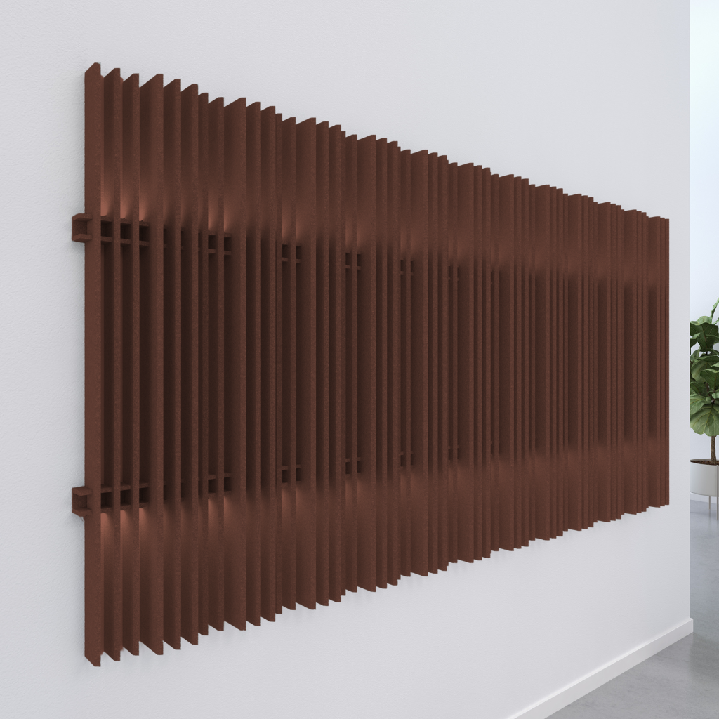 Harp acoustic wall blades in a modern interior, providing sound absorption and decorative appeal.