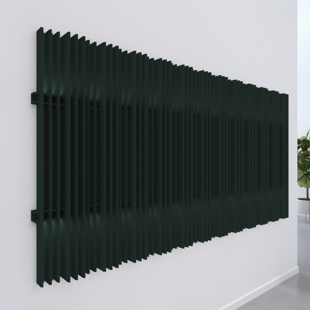 Harp Acoustic Wall Blades in deep green, offering stylish design and effective noise absorption for modern interiors.