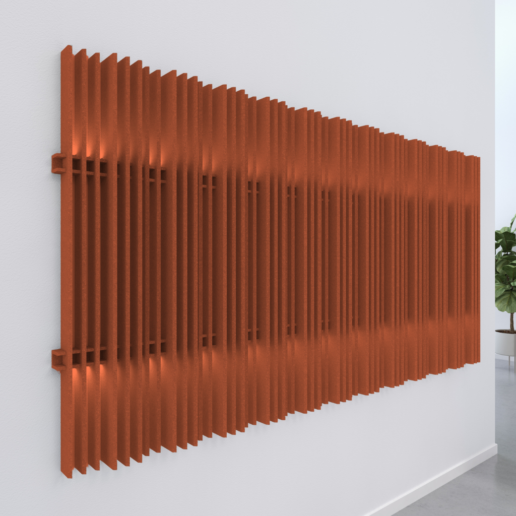 Acoustic wall blades in a striking orange finish, enhancing decor and reducing reverberate noise.