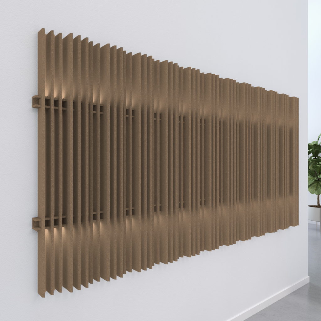 Acoustic wall blades in a modern interior, designed for noise absorption and aesthetic enhancement.