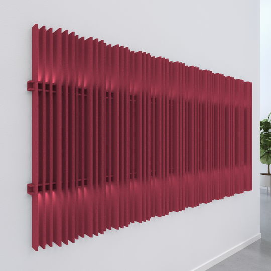 Harp acoustic wall blades in red, offering noise absorption and aesthetic wall enhancement.