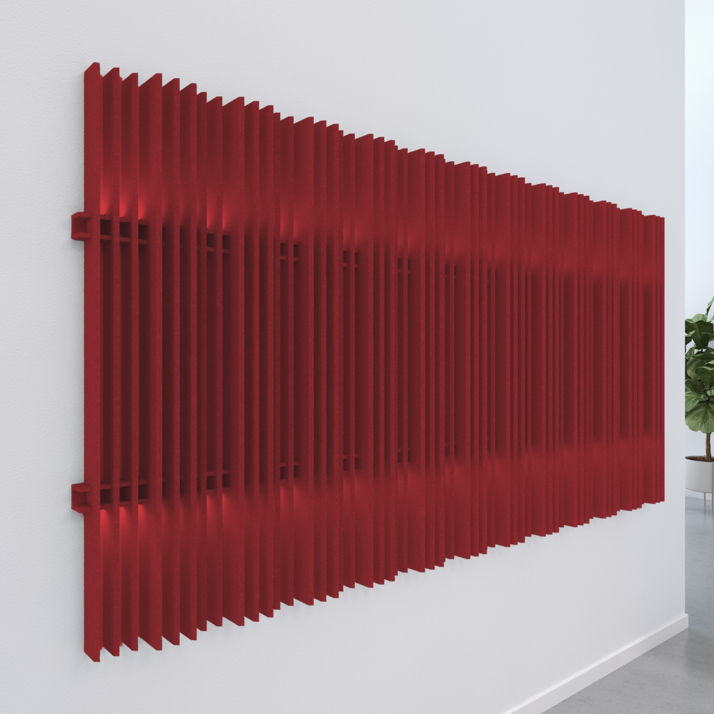 Acoustic wall blades in vibrant red, designed for noise absorption and stylish wall enhancement.