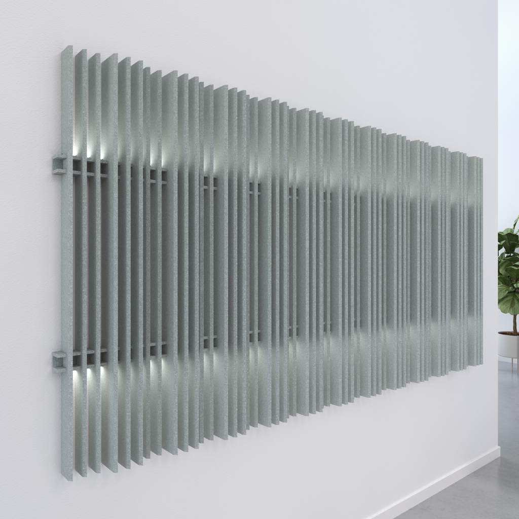 Harp acoustic wall blades featuring a modern design that absorbs reverberate noise while enhancing wall aesthetics.