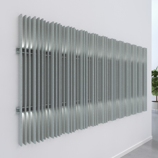 Harp acoustic wall blades featuring a modern design that absorbs reverberate noise while enhancing wall aesthetics.