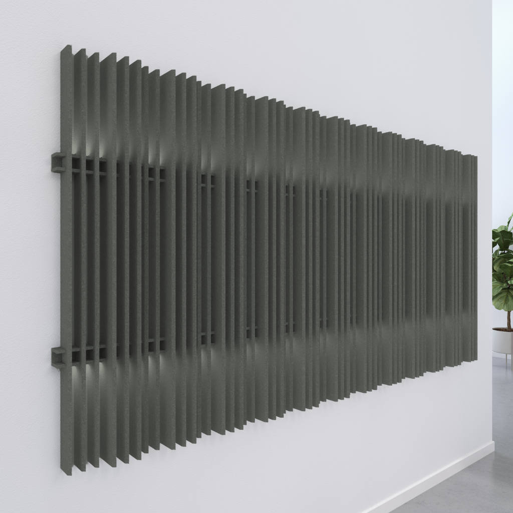 Harp acoustic wall blades in a modern interior, showcasing noise absorption and aesthetic design.