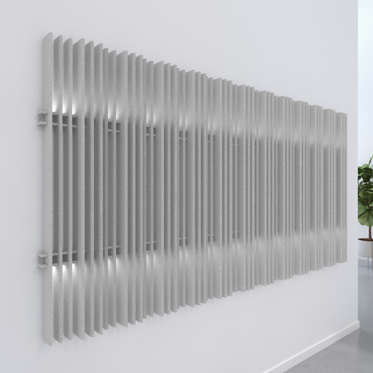 Harp acoustic wall blades in a modern interior, enhancing decor and absorbing noise for improved acoustics.