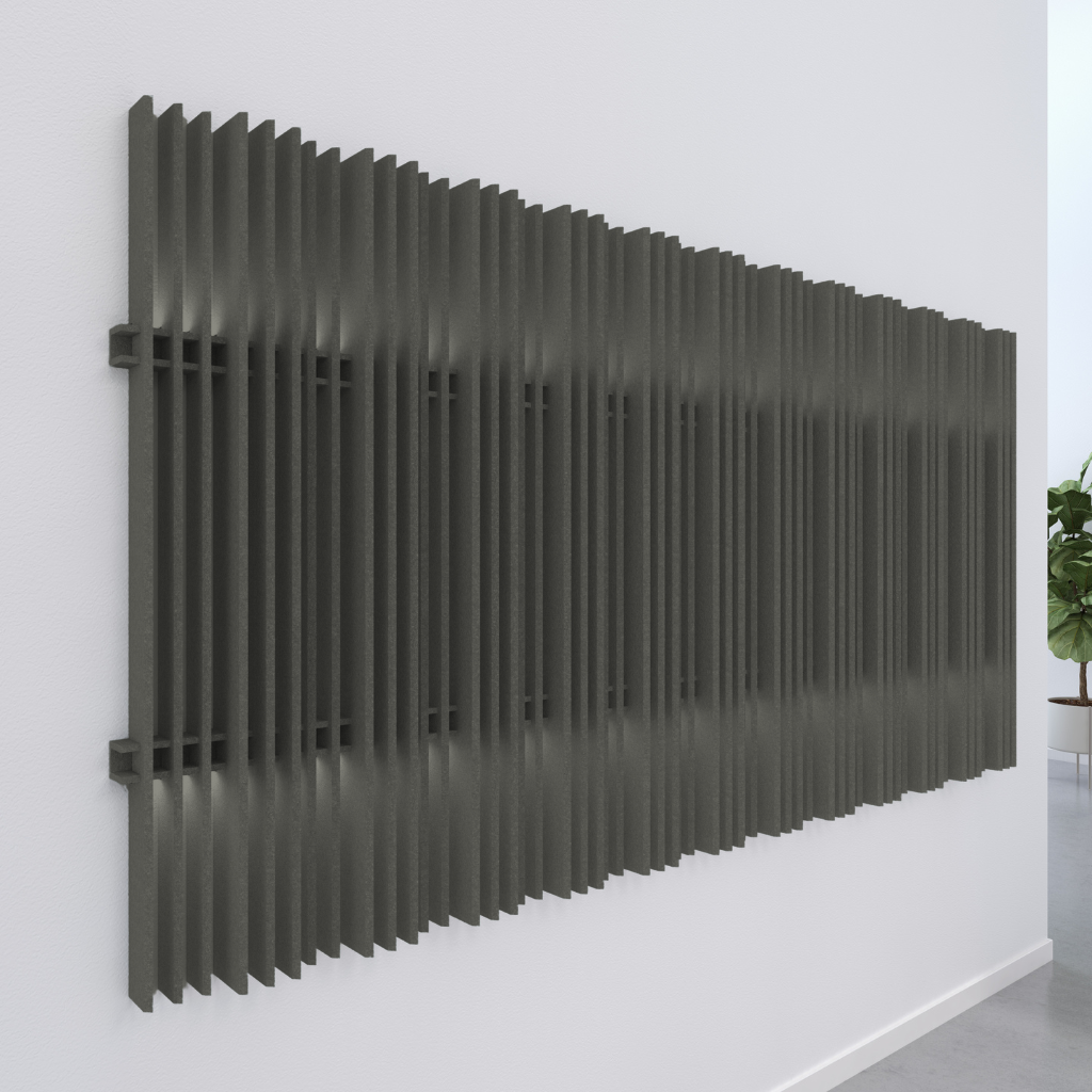 Harp acoustic wall blades in dark color enhancing wall aesthetics and sound absorption.