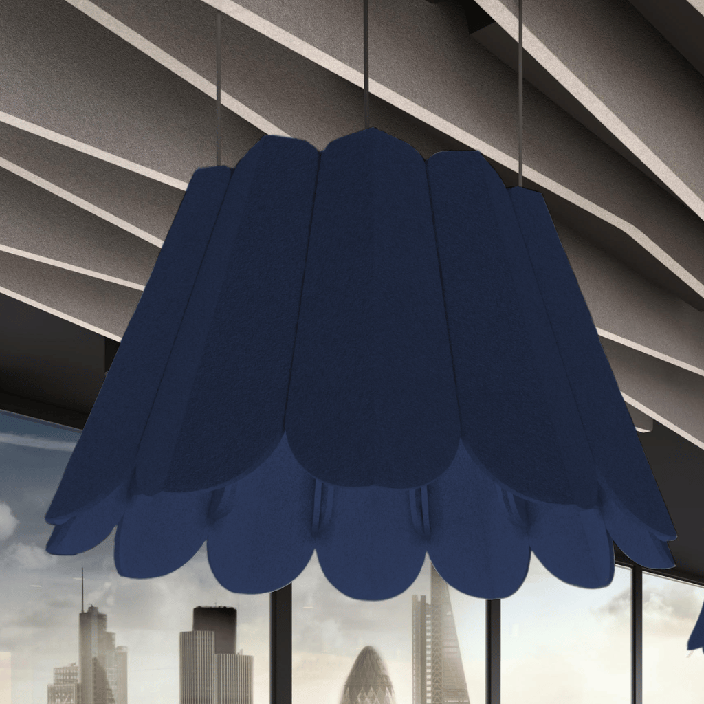 Crocus Acoustic Lighting Shade by Acoustek, showcasing stylish design and effective sound absorption in dark blue.