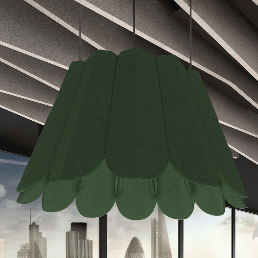 Crocus Acoustic Lighting Shade by Acoustek, featuring a green design for stylish sound absorption in modern interiors.