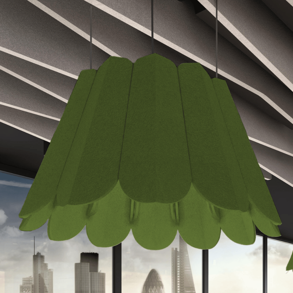 Crocus Acoustic Lighting Shade by Acoustek, featuring a unique green design for style and sound absorption.