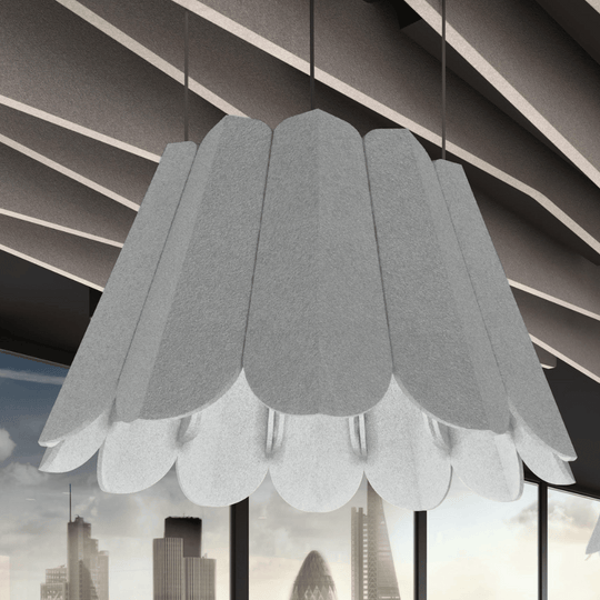 Crocus Acoustic Lighting Shade by Acoustek showcasing stylish design and sound-absorbing features in a modern setting.