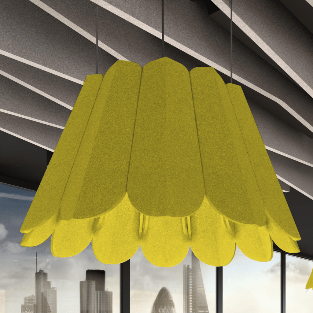 Crocus Acoustic Lighting Shade in vibrant yellow, designed for style and sound absorption in modern interiors.