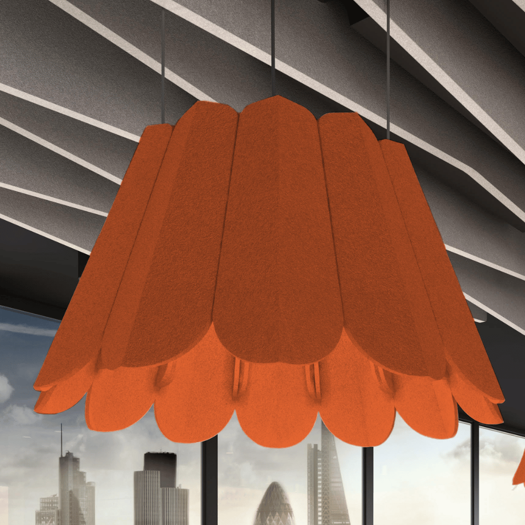 Crocus Acoustic Lighting Shade in vibrant orange, enhancing style and sound absorption in modern interiors.