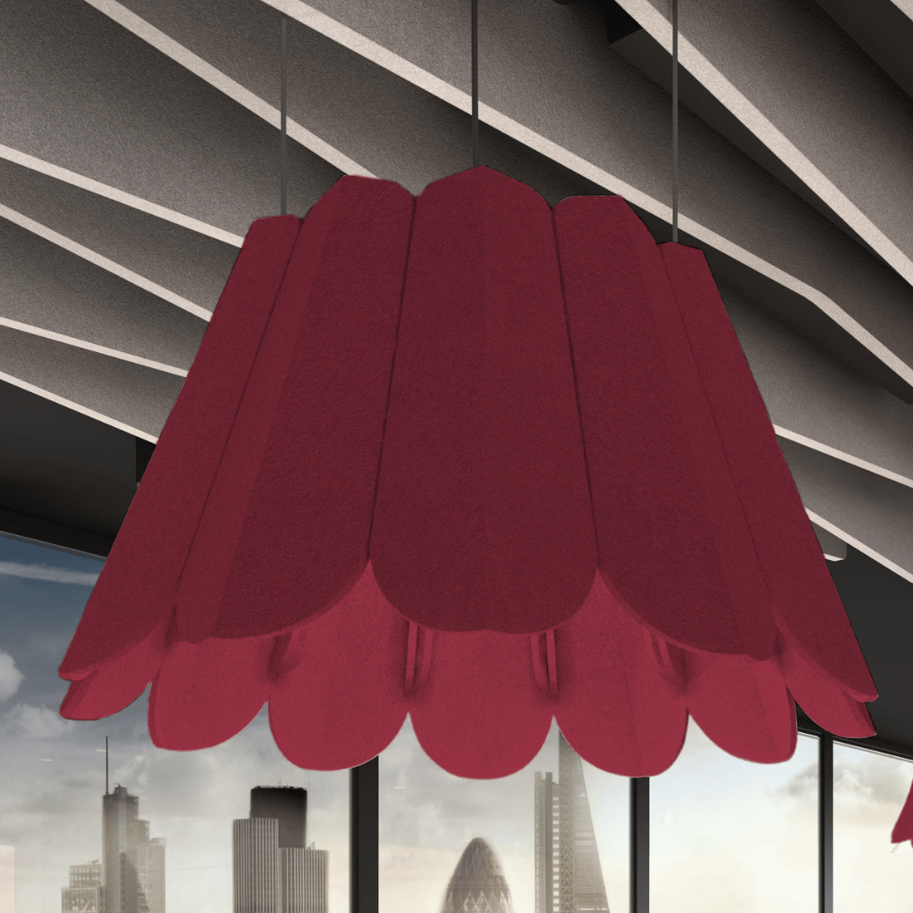 Crocus Acoustic Lighting Shade in deep red, enhancing style and sound absorption in modern interiors.