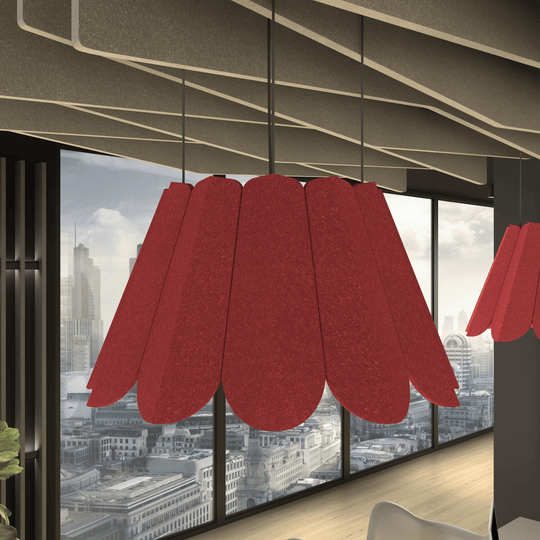 Crocus Acoustic Lighting Shade in modern office setting, enhancing style and sound absorption with vibrant red design.