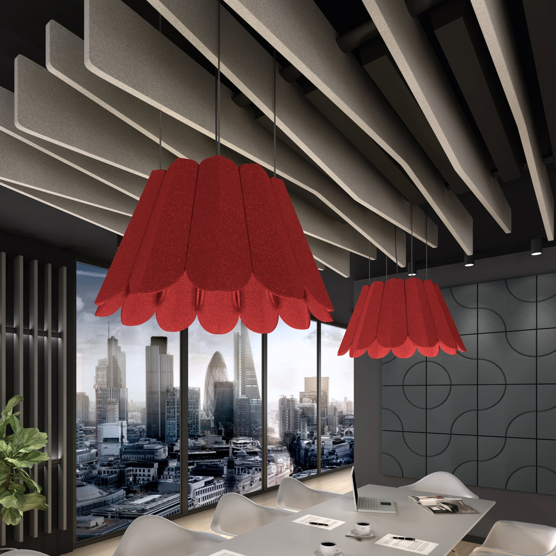 Crocus Acoustic Lighting Shade by Acoustek, featuring a stylish red design for enhanced acoustics in modern interiors.