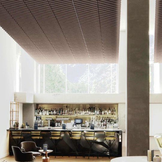 Autex Grid Ceiling Tiles enhancing the interior of a modern bar with elegant acoustic features and stylish design.