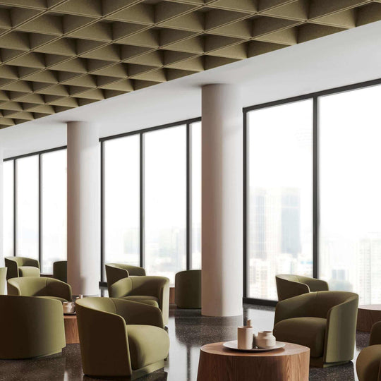 Modern interior featuring Autex Grid Ceiling Tiles over stylish seating and large windows, showcasing an elegant acoustic solution.