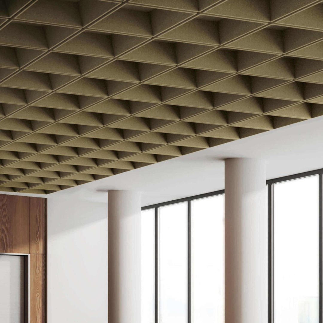 Grid Ceiling Tiles showcasing a modern acoustic design in an elegant interior space with large windows.