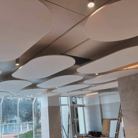 Autex Horizon Hanging Acoustics panels enhance sound quality and modern aesthetics, suspended from a sleek ceiling.