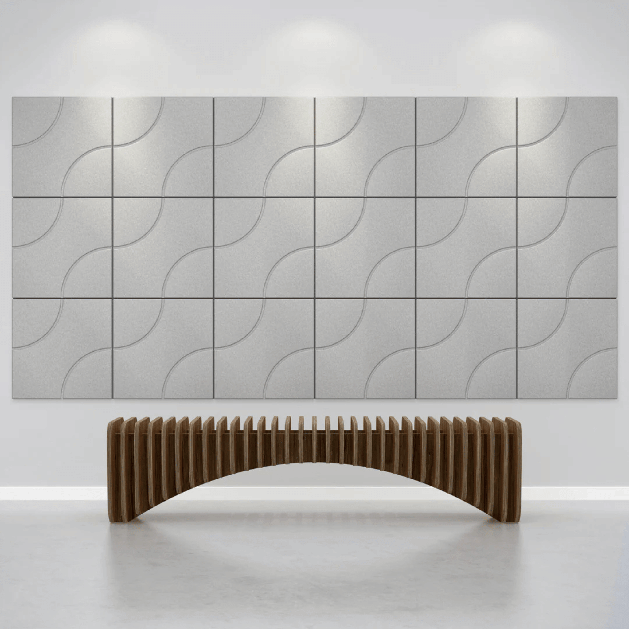 Acoustek Cavasinni acoustic wall tiles in a modern interior with a stylish wooden bench.