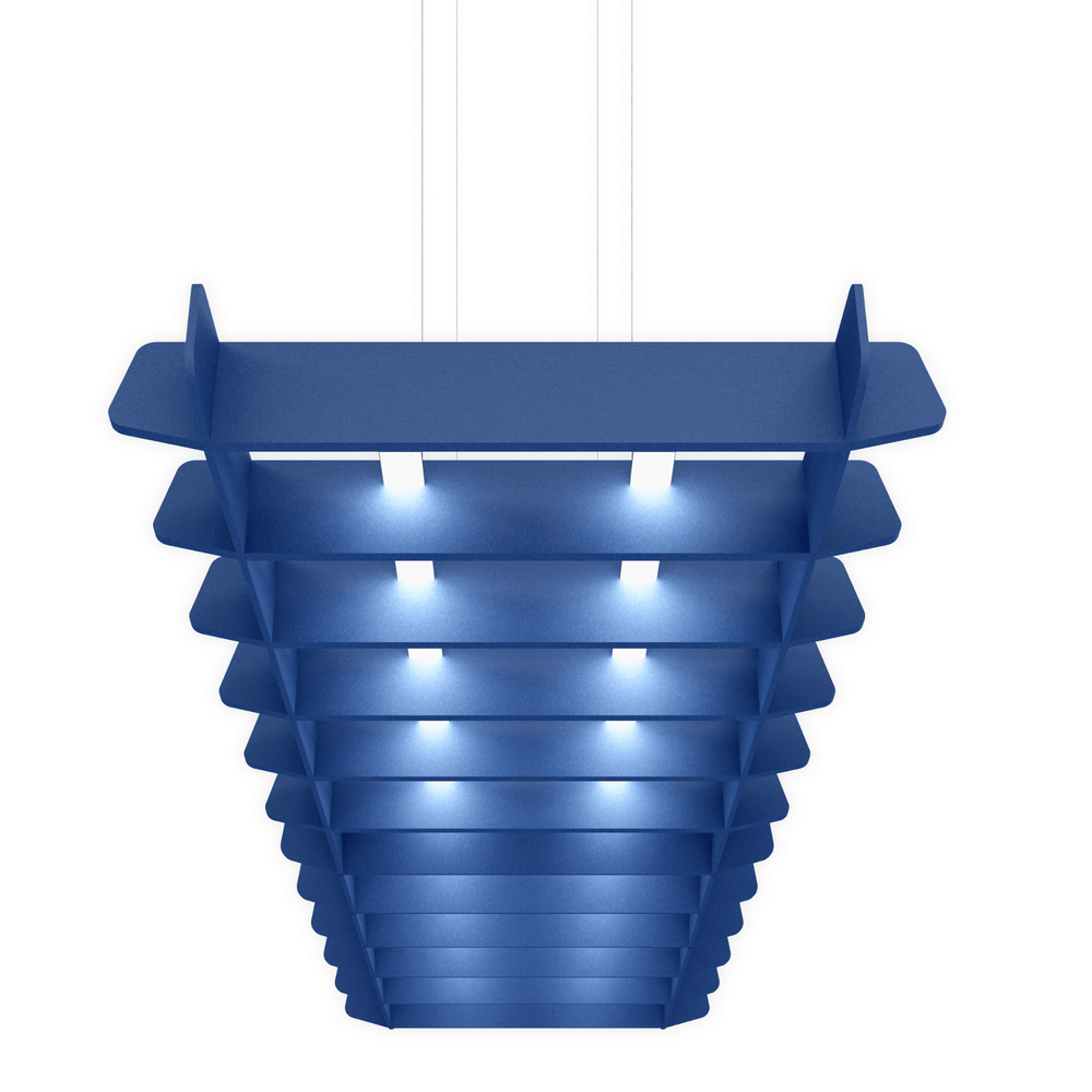 Acoustek pergola acoustic ceiling beam with integrated LED lighting in blue, designed for sound control and elegant illumination.