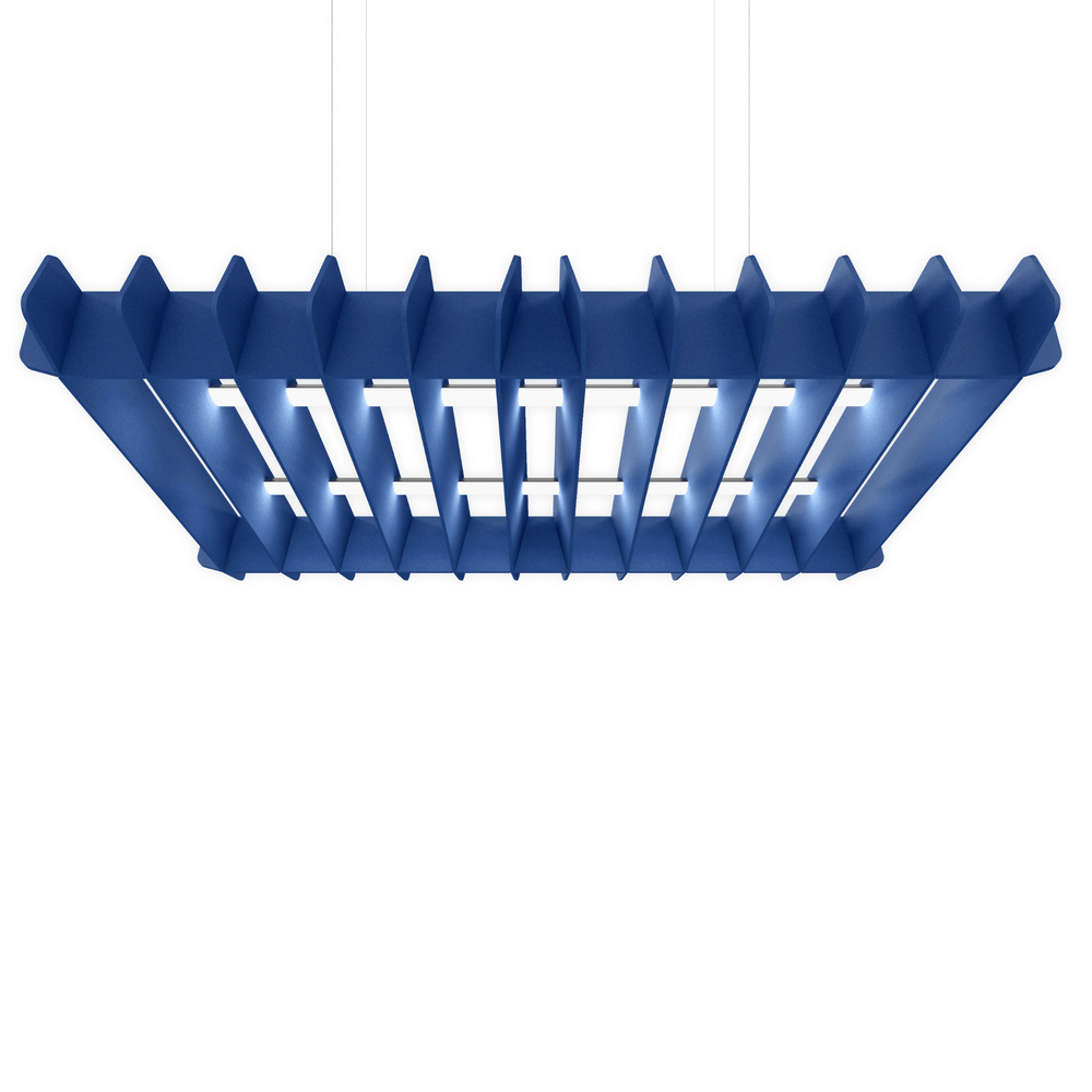 Acoustek Pergola Acoustic Ceiling Beam in blue with integrated LED lighting for sound control and elegant illumination.