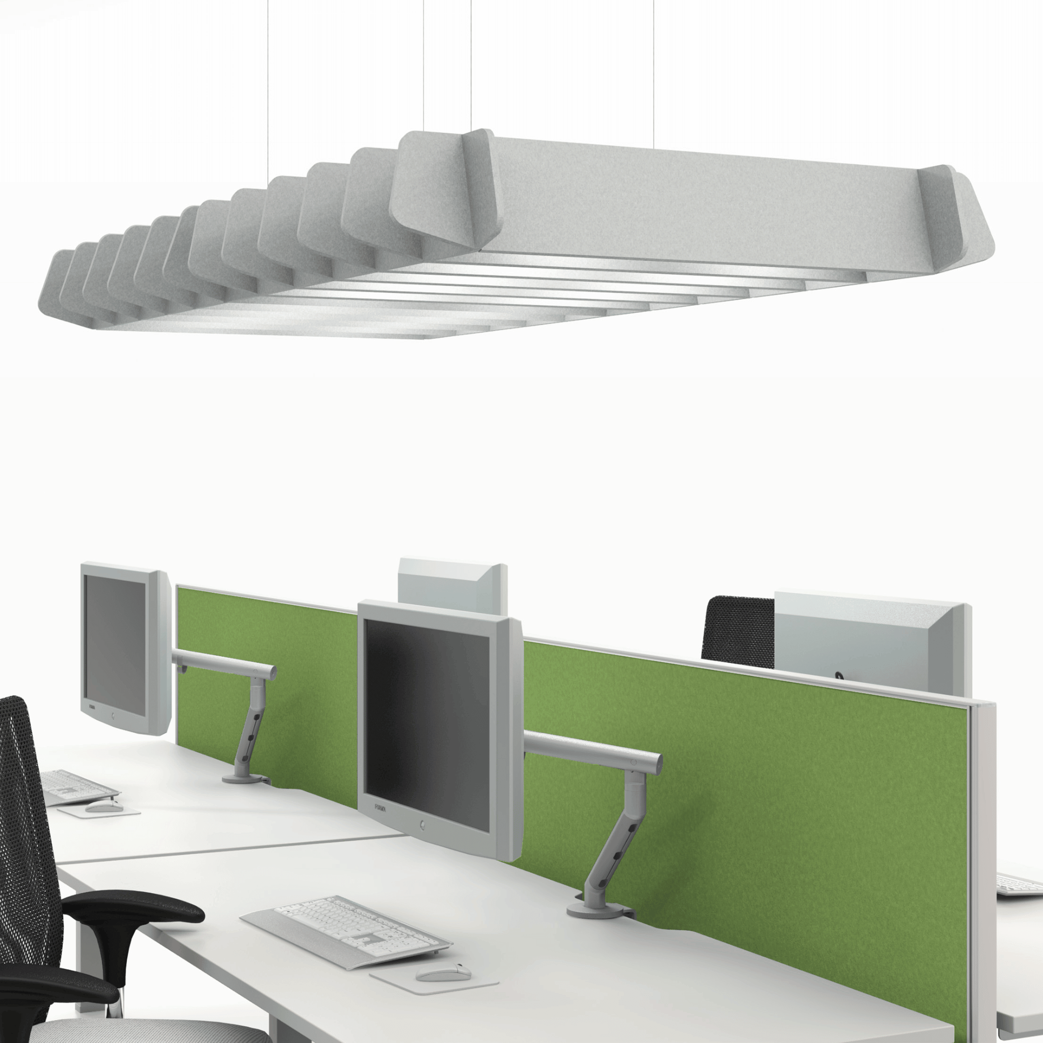 Acoustek Pergola acoustic ceiling beams with LED lighting above modern office desks, enhancing sound control and illumination.