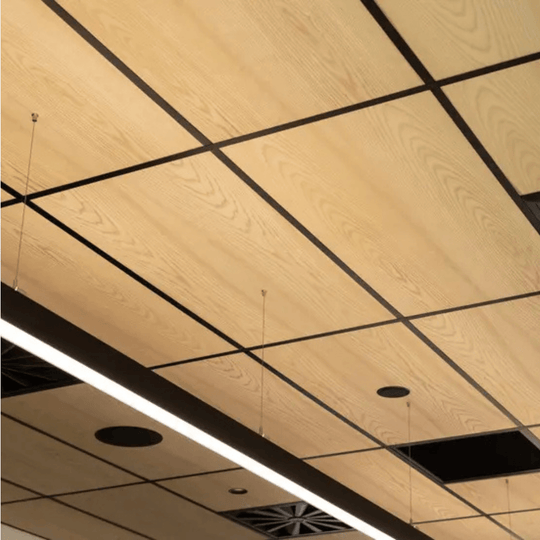 Autex Acoustic Timber Ceiling Tiles showcasing realistic woodgrain patterns and modern grid design in an interior space.