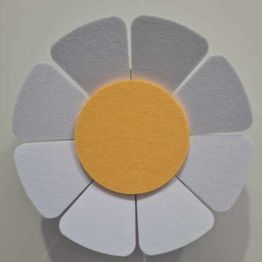 Acoustek WallFlower 3D Acoustic Wall Panel in flower design, featuring white petals and a yellow center for soundproofing.