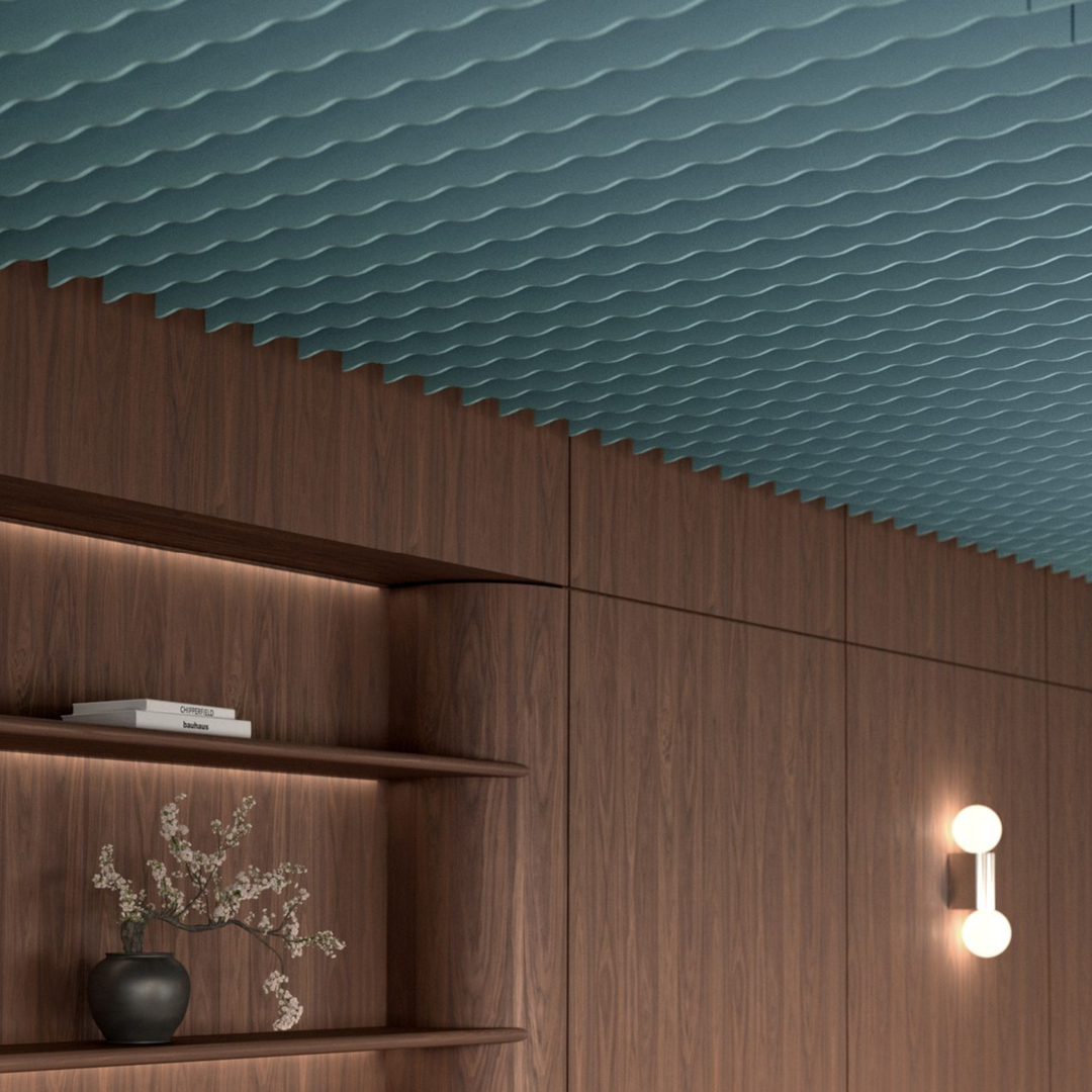 A modern interior corner featuring a teal ceiling with a wavy, textured pattern and dark wood paneling with built-in shelves and a wall sconce.